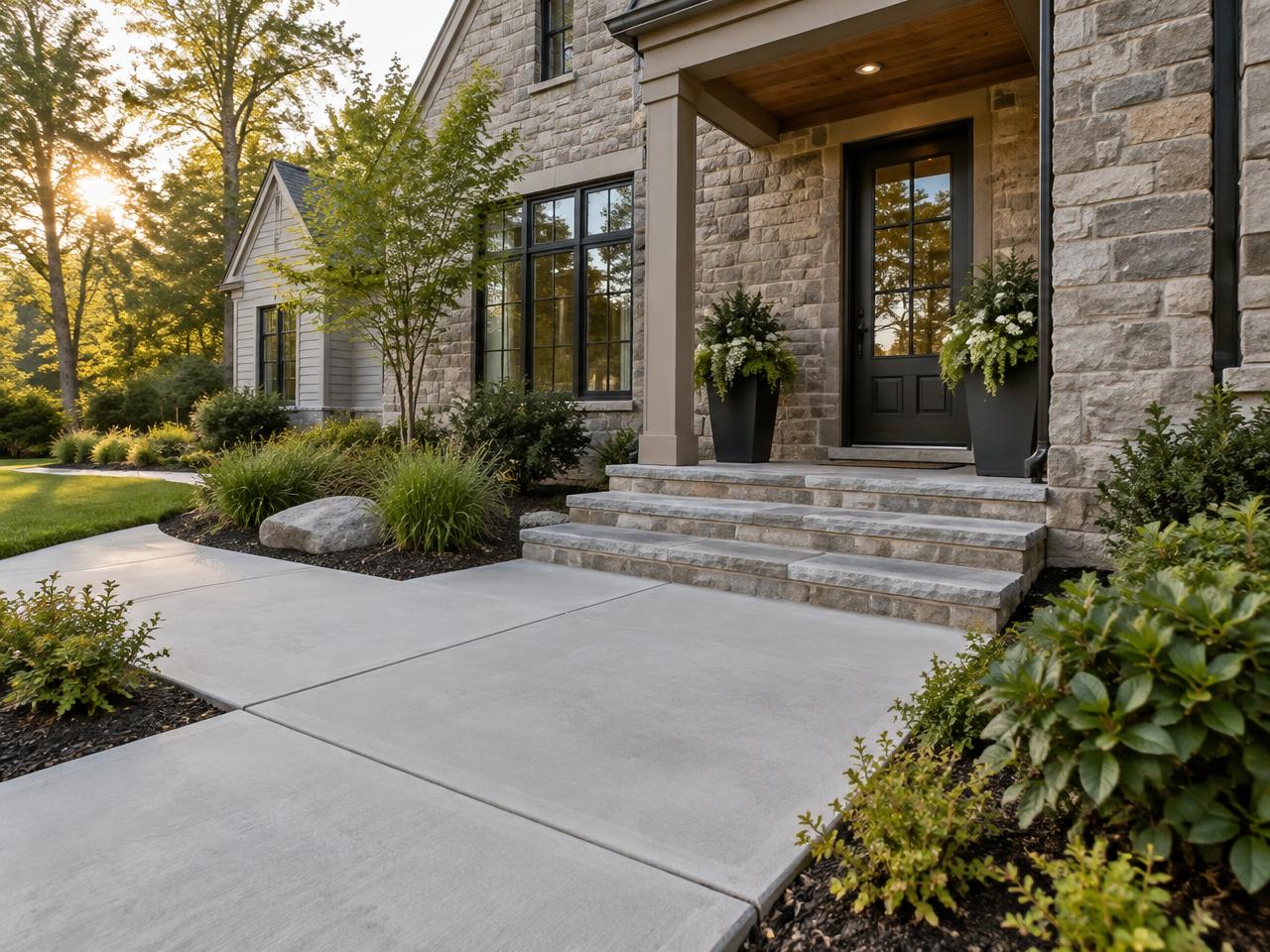 Concrete entry walk meeting masonry steps