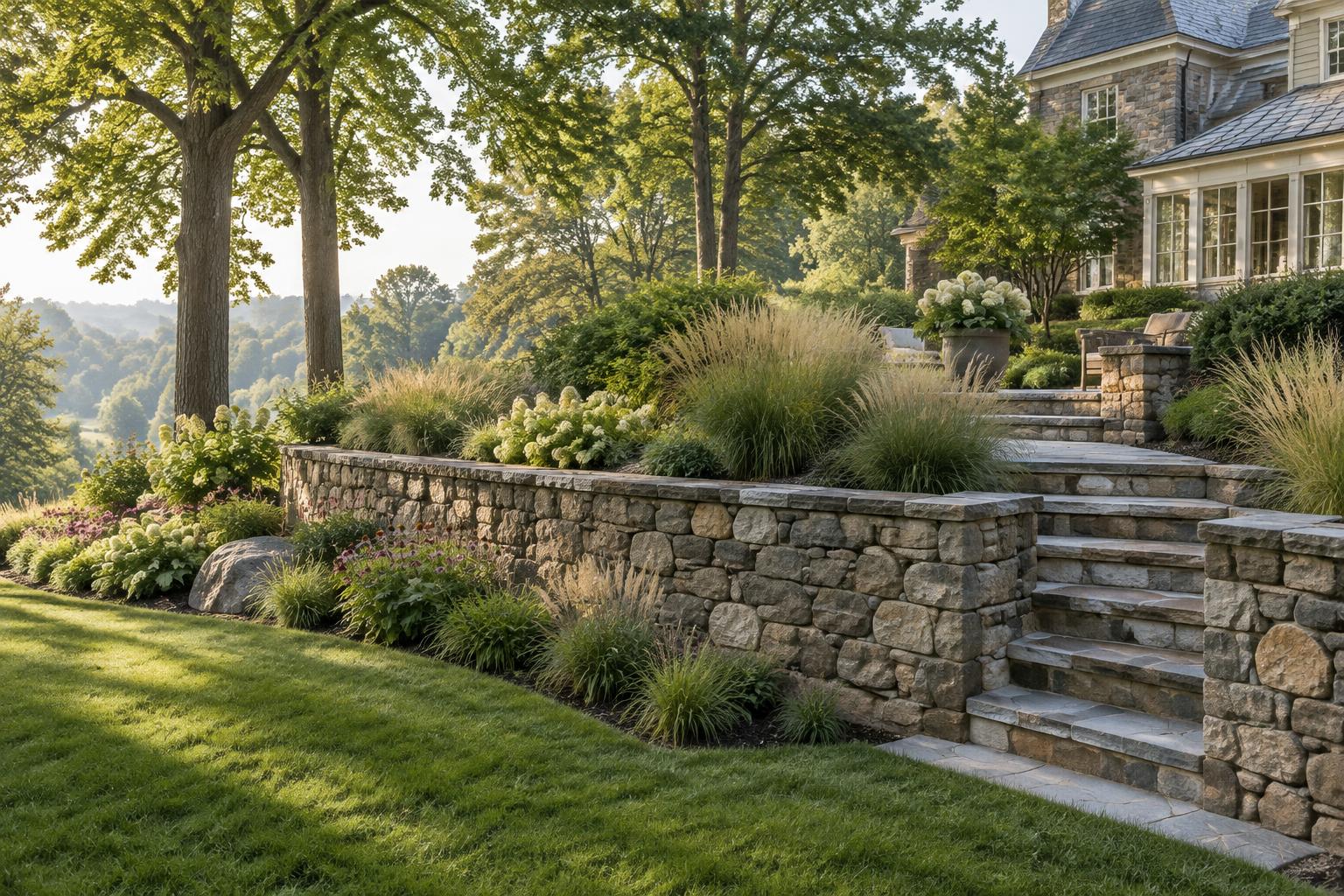 Fieldstone retaining wall in a landscaped garden
