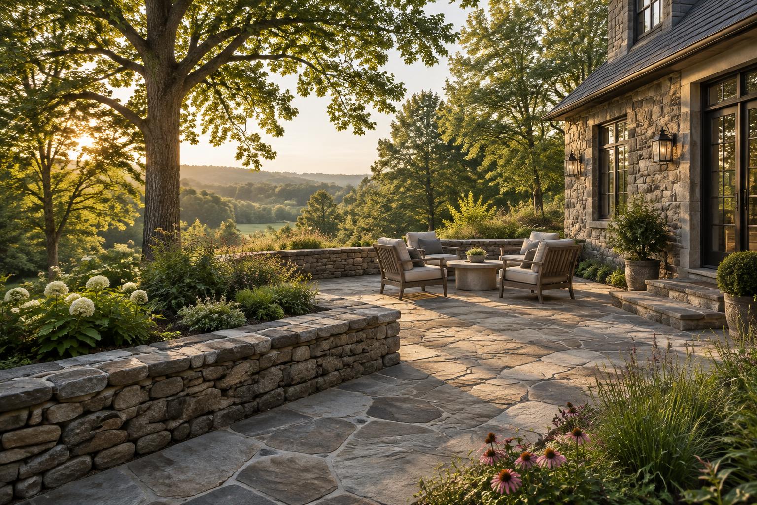Fieldstone patio in a mature garden at sunset